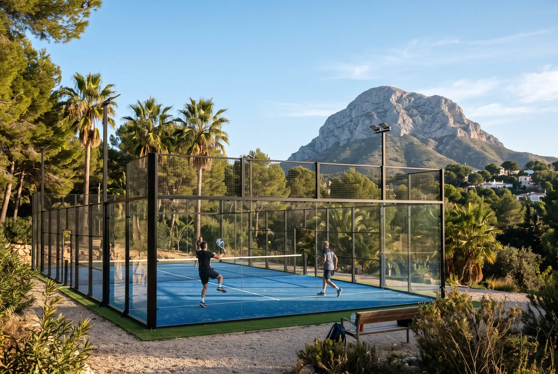 Outdoor padel court among the palm trees, with the Montgó in the background