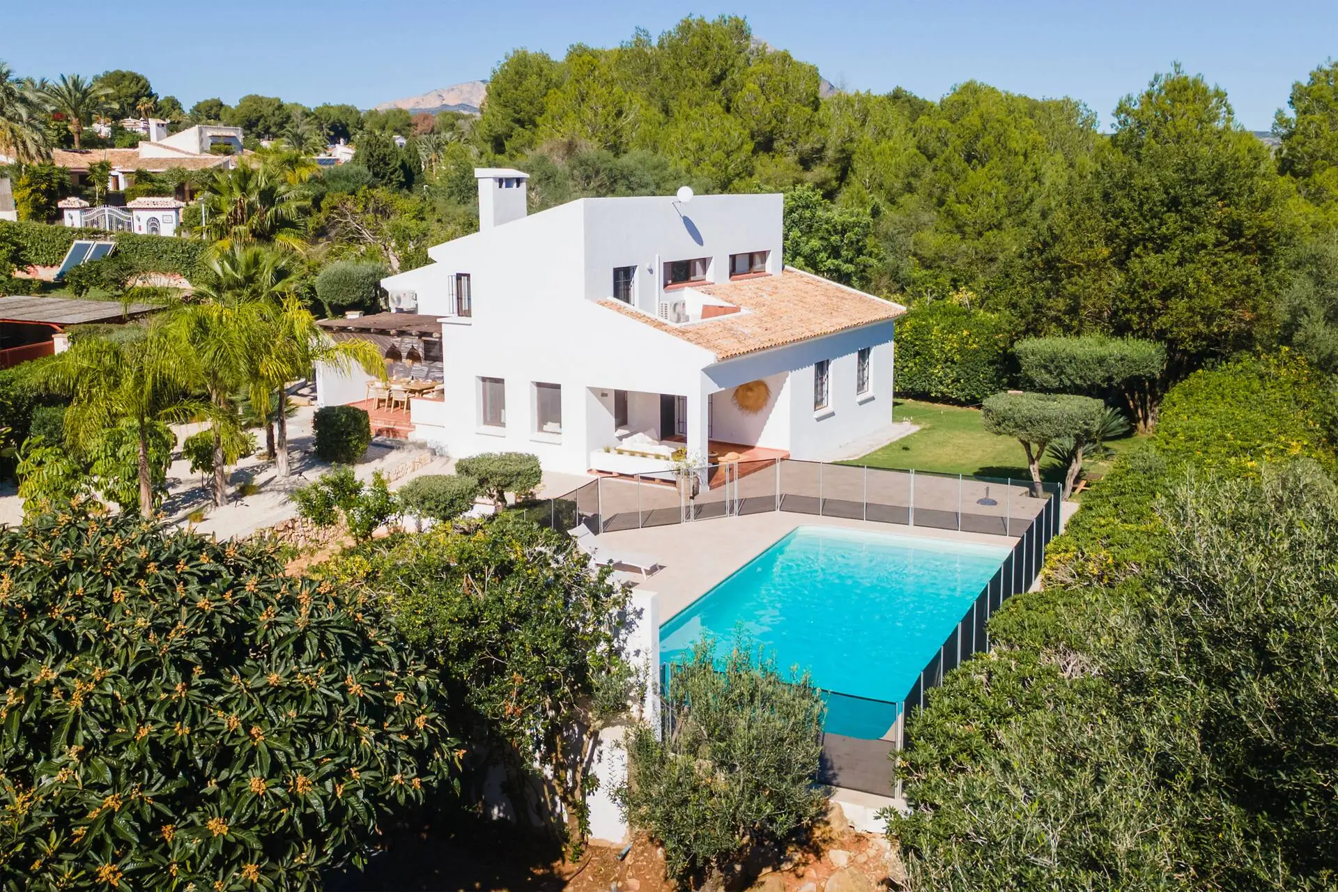 Aerial view of Casa Flamingo with its pool and garden, surrounded by the greenery of La Lluca