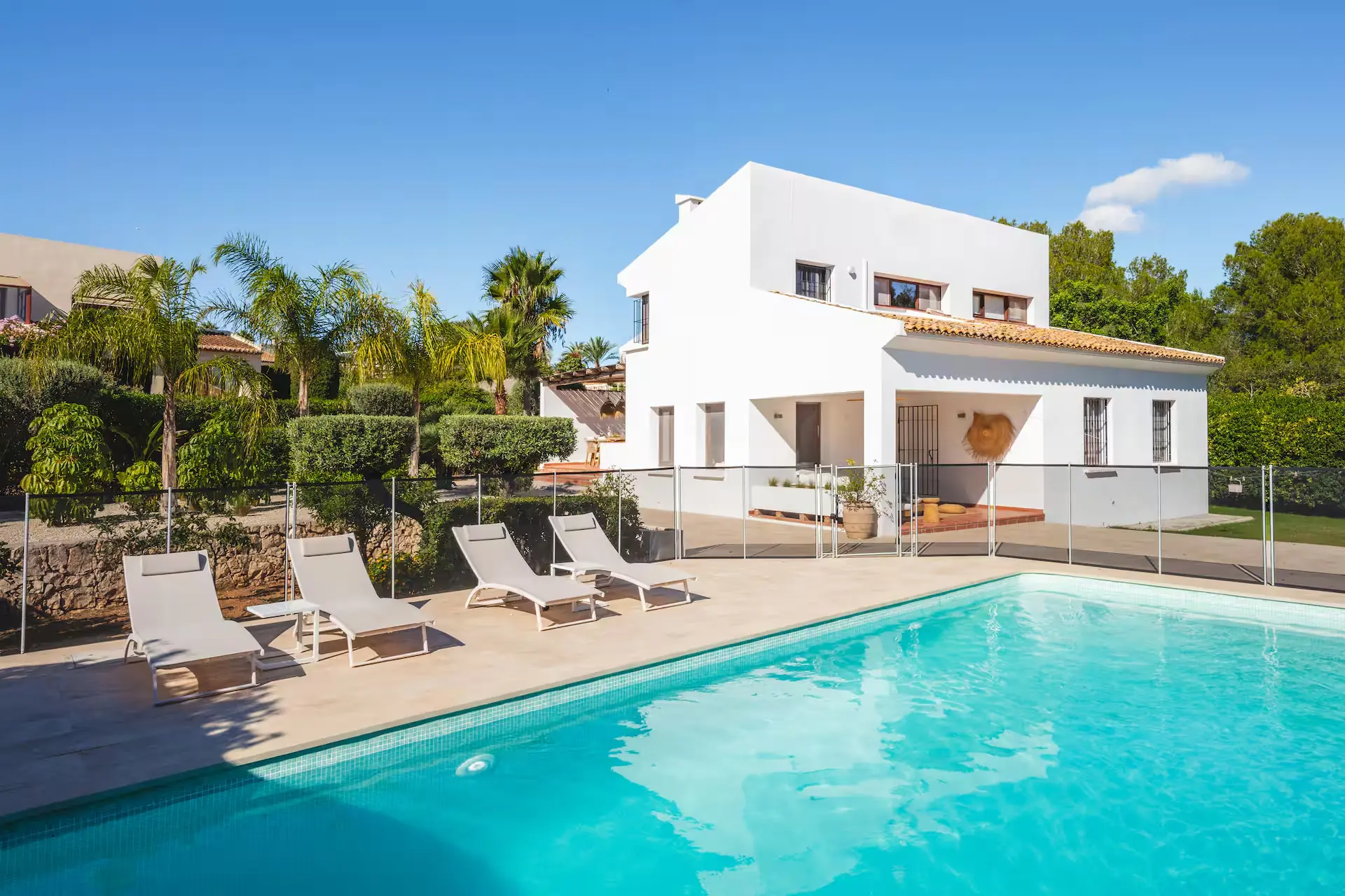 The private pool of Casa Flamingo with the white villa and palm trees behind it